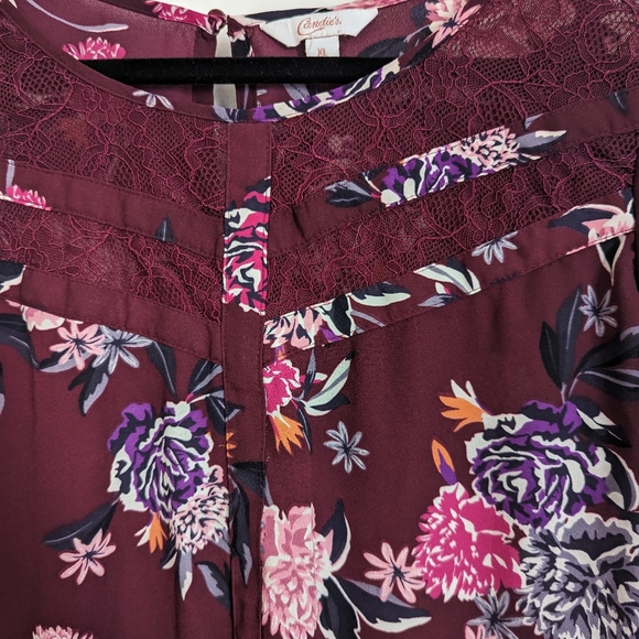 Candies Burgundy Floral Chiffon Capped Sleeve top, Size XL - Picture 2 of 3
